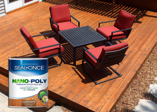 Seal-Once Nano + Poly Premium Wood Sealer on desk with chairs